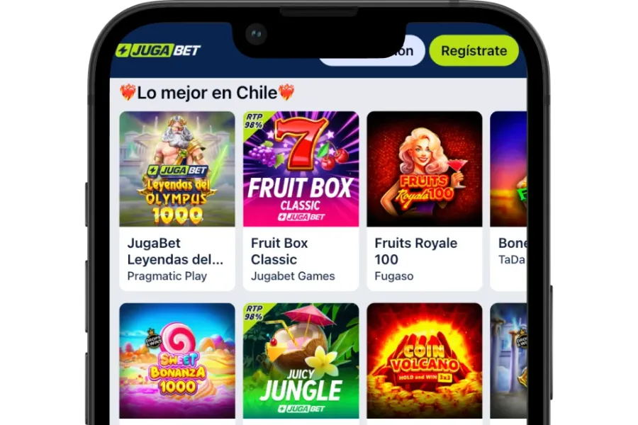 Lobby del casino de JugaBet Chile con tragamonedas, mesas en vivo y juegos instantáneos