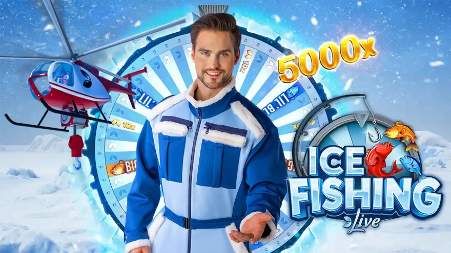 Presentador y rueda del game show en vivo Ice Fishing de Evolution
